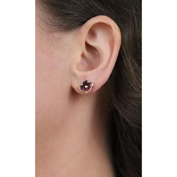 14k Yellow Gold Natural Rhodolite Garnet Flower Earrings Stud Post 3/8" inch - Picture 2 of 8